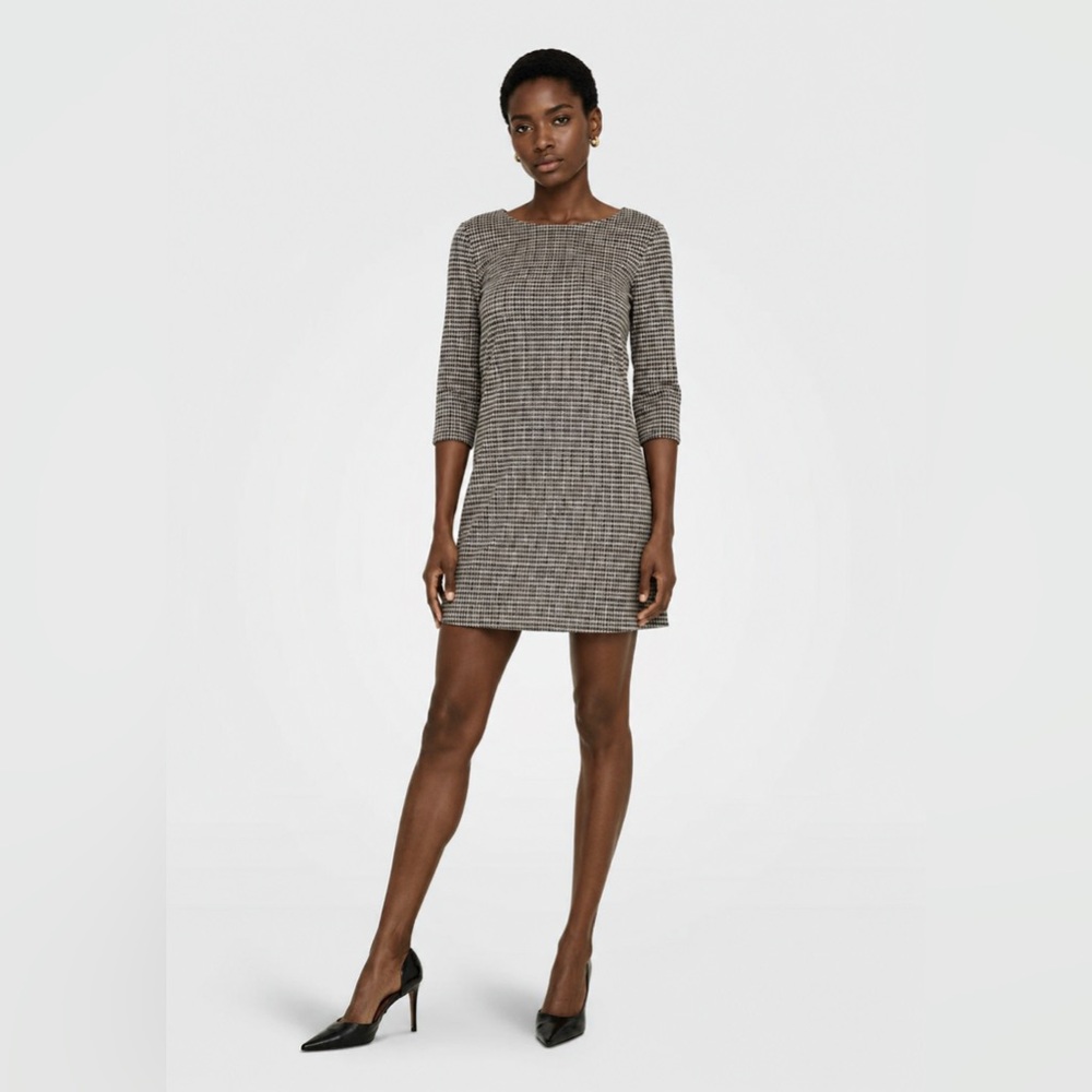 ONLY - Houndstooth Shift Dress Brown Cream 3/4 Sleeve Size M